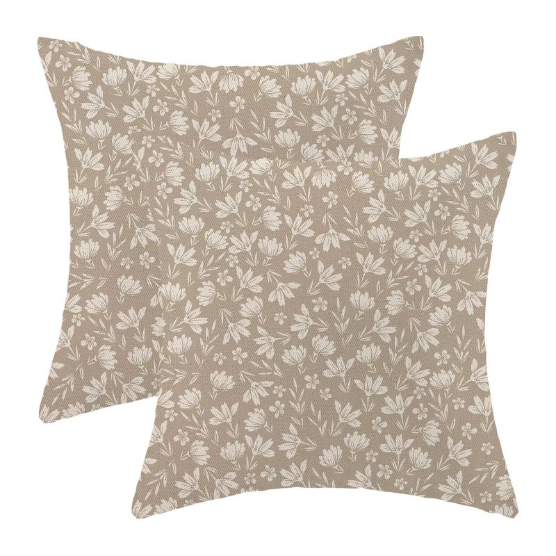 AEIOAE Tan Khaki Daisy Floral Pillow Covers 20 x 20 Inch Set of 2  Vintage Flowers Decorative Outdoor Throw Pillows Farmhouse Linen Block Print Floral Pillow Case for Sofa Couch Decor - Image 1