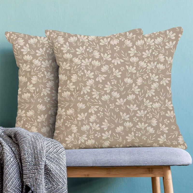 AEIOAE Tan Khaki Daisy Floral Pillow Covers 20 x 20 Inch Set of 2  Vintage Flowers Decorative Outdoor Throw Pillows Farmhouse Linen Block Print Floral Pillow Case for Sofa Couch Decor - Image 4