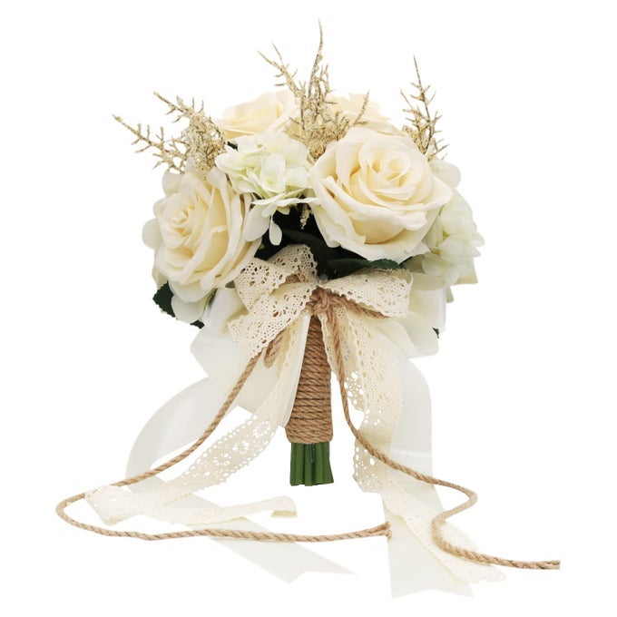 ARTIFICIAL PLANT 1 CHAMPAGNE WHITE ROSE BRIDAL BOUQUET 86 X 102 X 86 INCHES WEDDING BOUQUETS FOR BRIDE BRIDESMAID BOUQUETS WITH SILK RIBBON DECORATION
