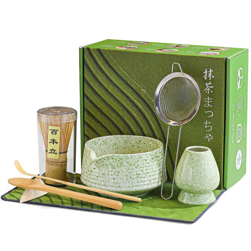 BEWOS 8 Pcs Matcha Whisk Set - 18OZ Ceramic Bowl with Spout, Matcha Sifter, Matcha Whisk Holder & Bamboo Matcha Whisk | Matcha Scoop, Complete Japanese Tea Ceremony Kit for Matcha Lover(Mottled Green) - Image 1