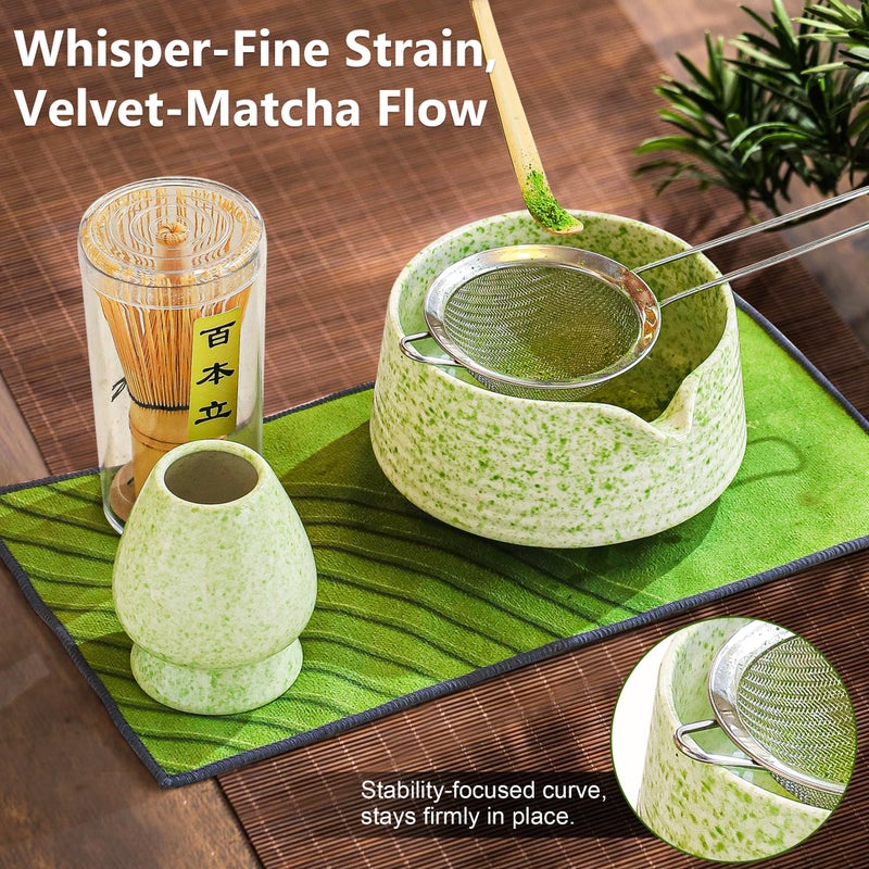 BEWOS 8 Pcs Matcha Whisk Set - 18OZ Ceramic Bowl with Spout, Matcha Sifter, Matcha Whisk Holder & Bamboo Matcha Whisk | Matcha Scoop, Complete Japanese Tea Ceremony Kit for Matcha Lover(Mottled Green) - Image 5