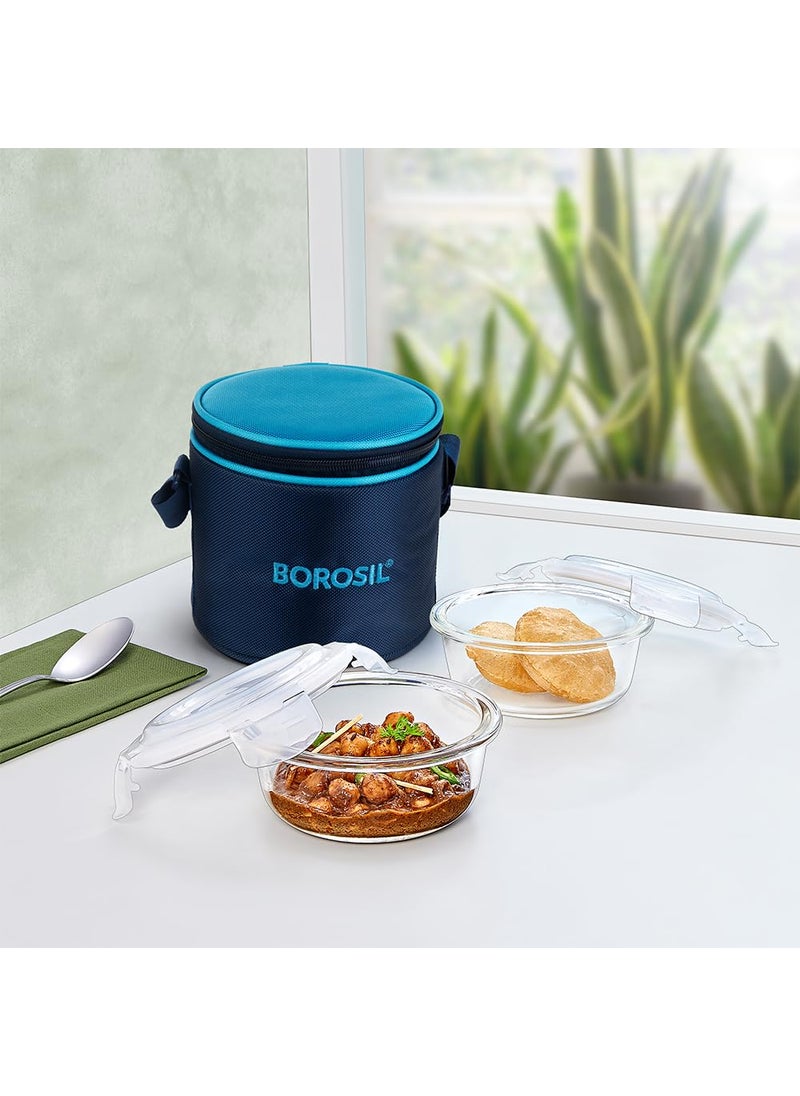 BOROSIL Borosil Alfa Glass Lunch Box Blue Set of 2 400 ml Round Vertical Microwave Safe Office Tiffin  - Image 1