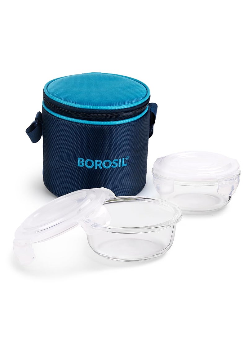 BOROSIL Borosil Alfa Glass Lunch Box Blue Set of 2 400 ml Round Vertical Microwave Safe Office Tiffin  - Image 2
