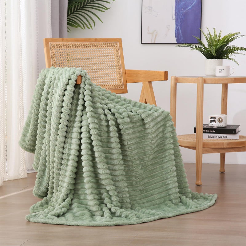 Linecooo Sage Green Fleece Throw Blanket 60â€Ã—80â€ for Couch Sofa Bed,Super Soft Cozy Plush Microfiber Flannel Blanket with Stripes Design Lightweight for Adults,Woman,Girls - Image 1