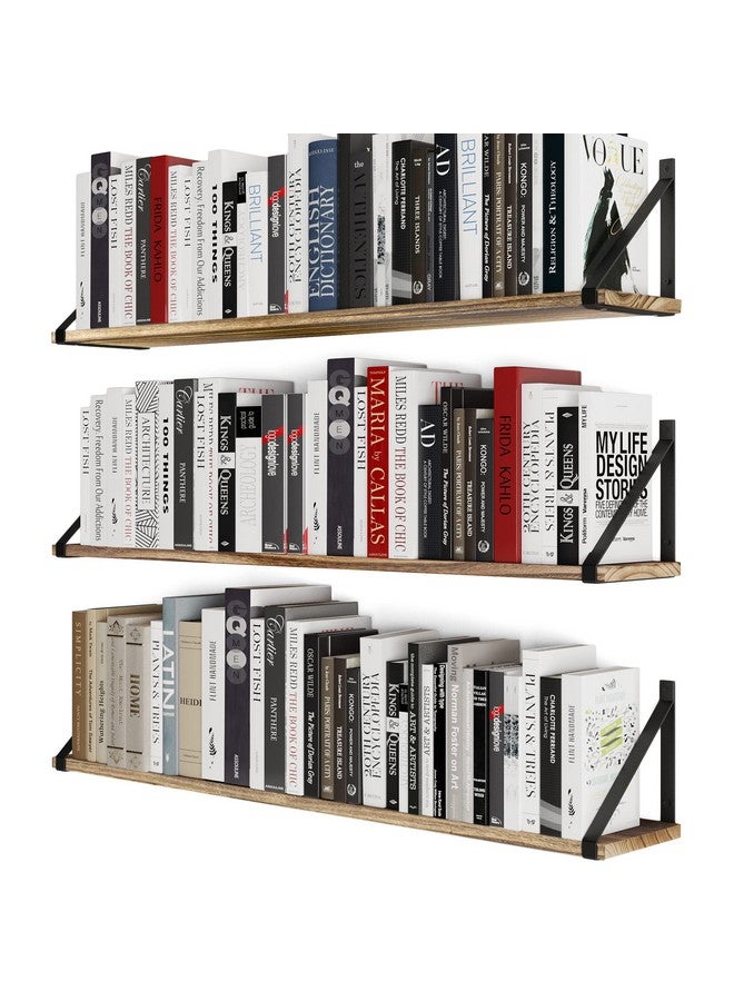 والنيتشر مجموعة رفوف حائط كبيرة عائمة مقاس 36 بوصة من Wallniture Bora لتخزين الكتب على الحائط، مجموعة من 3 رفوف حائط خشبية محروقة لتخزين الكتب  - Image 1
