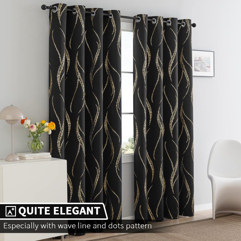 Yakamok Room Darkening Curtains 84 Inches Long 2 Panels for Living Room Thermal Insulated Blackout Drapes with Dots Gold for Bedroom, Back Tab Top (52W x 84L Inch, Set of 2, Natural) - Image 2