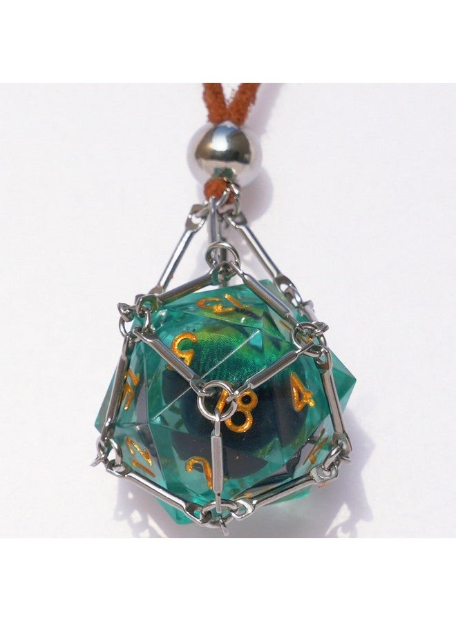 Generic DND D20 Dice Removable D20 with Leather Chain & Solid Steel Cage for Dungeons and Dragons Role Playing Game RPG (Dragon's Eye - Green) - Image 2