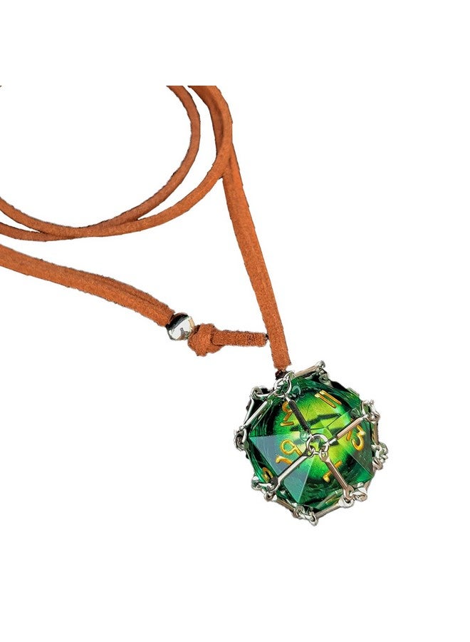 Generic DND D20 Dice Removable D20 with Leather Chain & Solid Steel Cage for Dungeons and Dragons Role Playing Game RPG (Dragon's Eye - Green) - Image 1