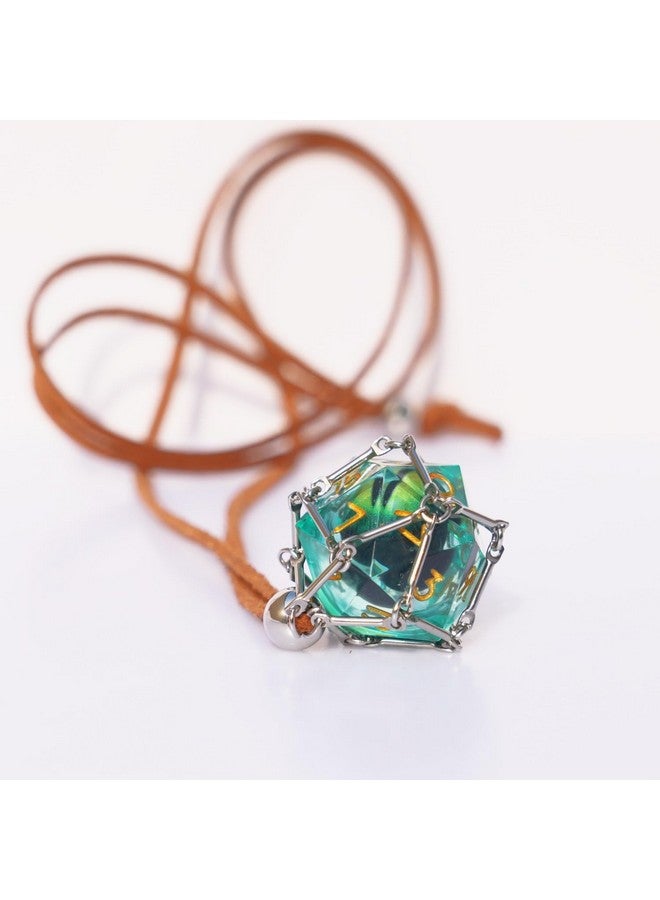 Generic DND D20 Dice Removable D20 with Leather Chain & Solid Steel Cage for Dungeons and Dragons Role Playing Game RPG (Dragon's Eye - Green) - Image 3