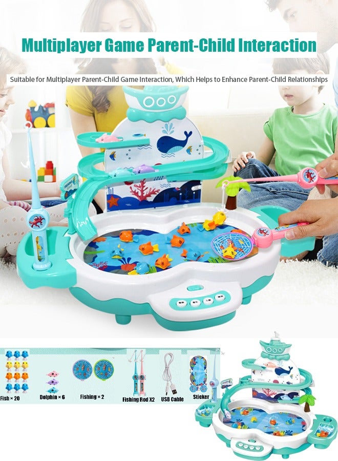 VUCATIN Magnetic Baby Fishing Toy Set 3 in 1 Fishing Game for Toddlers & Kids with Slideway & Music Story 20 Fish 6 Dolphins 2 Toy Fishing Poles Learning Educational Toys Sound Effect Toy (Green) - Image 1