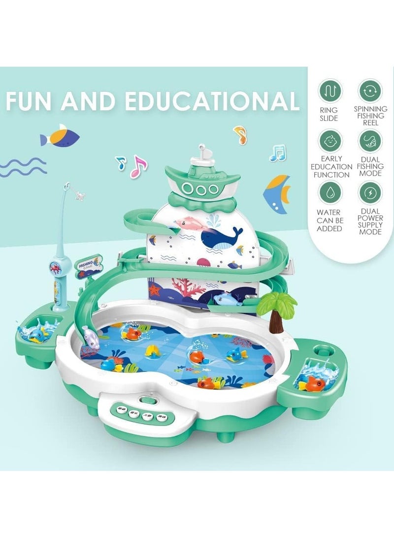 VUCATIN Magnetic Baby Fishing Toy Set 3 in 1 Fishing Game for Toddlers & Kids with Slideway & Music Story 20 Fish 6 Dolphins 2 Toy Fishing Poles Learning Educational Toys Sound Effect Toy (Green) - Image 2