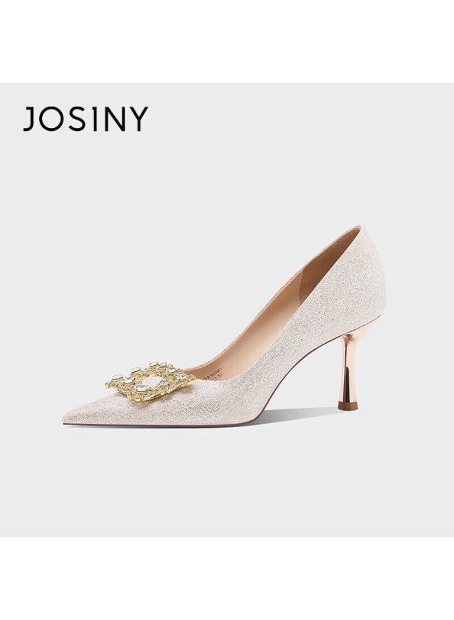 Josiny French Style Exquisite Wedding Shoes For Women  New Bride Wedding Shoes Stiletto Heels Xiuhua Engagement High Heels Champagne Gold Size 39 - Image 2