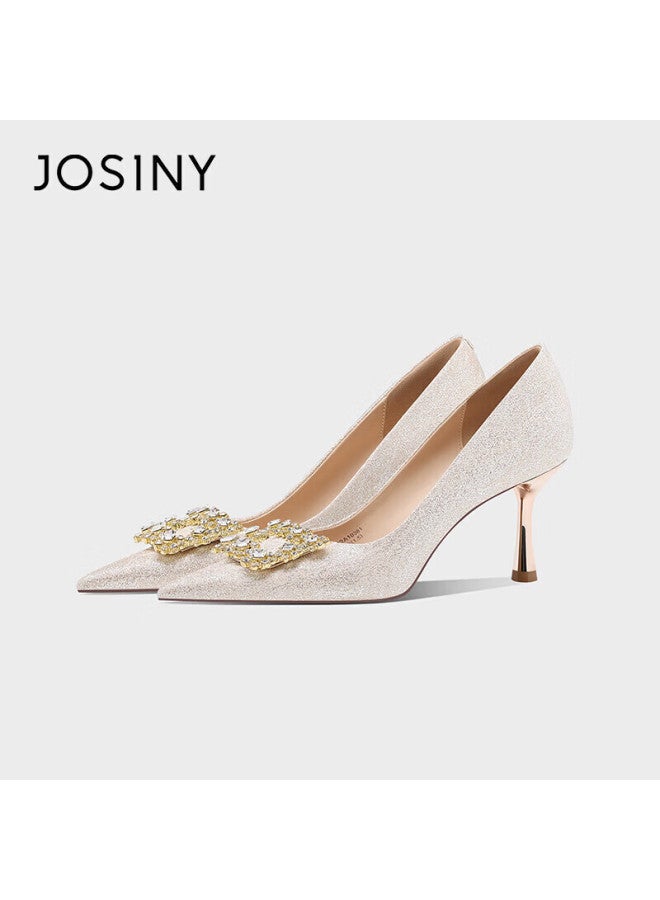 Josiny French Style Exquisite Wedding Shoes For Women  New Bride Wedding Shoes Stiletto Heels Xiuhua Engagement High Heels Champagne Gold Size 39 - Image 1