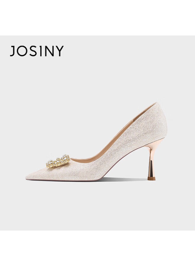 Josiny French Style Exquisite Wedding Shoes For Women  New Bride Wedding Shoes Stiletto Heels Xiuhua Engagement High Heels Champagne Gold Size 39 - Image 3