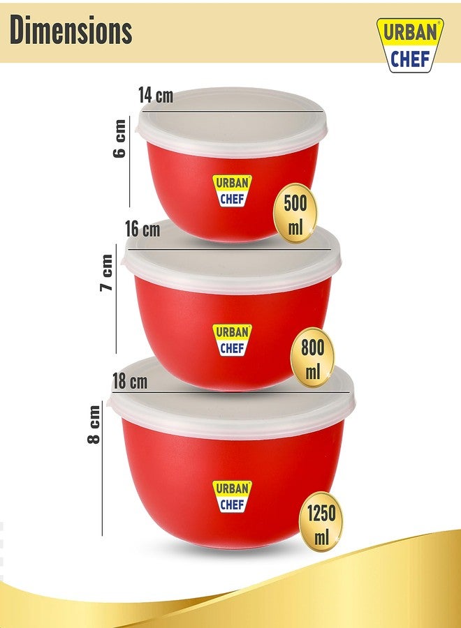 URBAN CHEF Mixing Bowl Set of 3 Stainless Steel (500ml, 800ml,1250ml) | Microwave Safe & Dishwasher Safe | Bowl Set with Lid for Gift | Bowls for Snacks | Serving Bowls Kitchen Accessories -Red - Image 2
