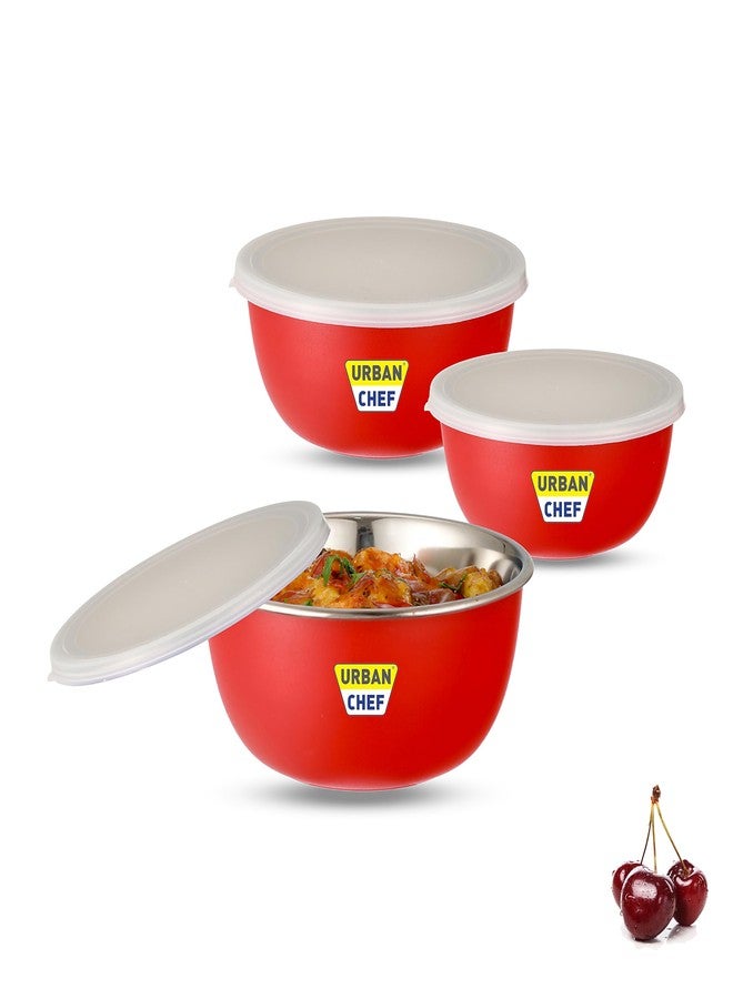 URBAN CHEF Mixing Bowl Set of 3 Stainless Steel (500ml, 800ml,1250ml) | Microwave Safe & Dishwasher Safe | Bowl Set with Lid for Gift | Bowls for Snacks | Serving Bowls Kitchen Accessories -Red - Image 1