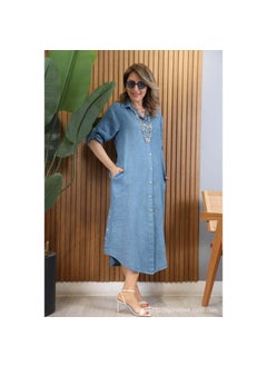 European And American Cross-Border Trade Shirt Button Long Dress Hollow Lace Linen Dress Plus Size Casual Skirt Peacock blue
