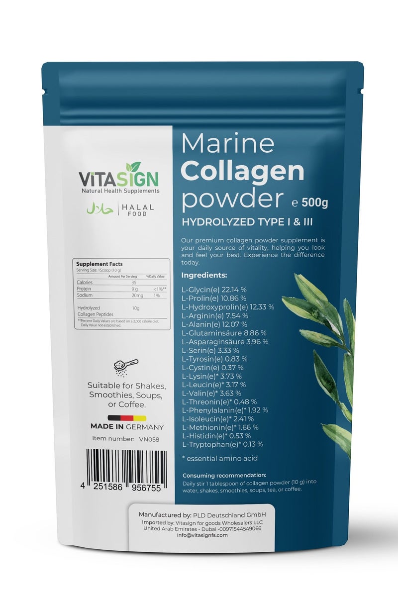 VitaSign Marine Collagen Powder 500g | Hydrolyzed Type I & III Peptides | Supports Skin, Nails, Joints & Bones | Made in Germany | Halal | 50 Servings - Image 2
