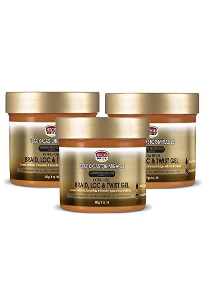 African Pride Black Castor Miracle Extra Hold Braid Loc Twist Gel (3 Pack) Tames Frizz & Controls Edges No Parabens No Sulfates No Mineral Oil No Petrolatum Contains Black Castor & Coconut Oil 8 Oz  - Image 1