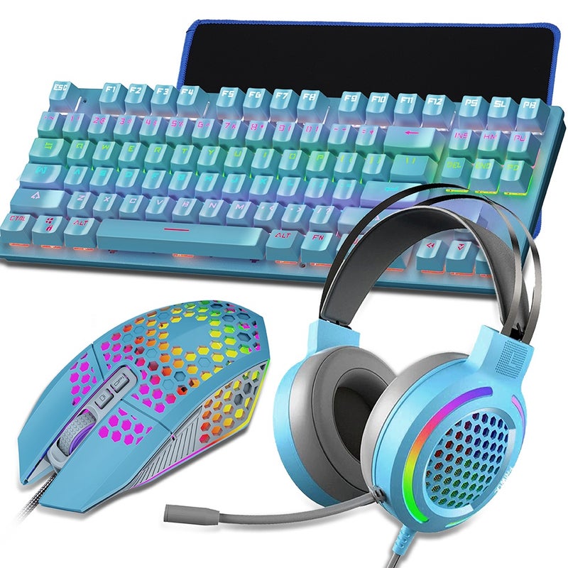 PC Gaming Set 87-key Keyboard Blue Switch Wired Programmable 8000 DPI Wired 7.1 Surround Sound Headset with Mic Pad, Blue - Image 1