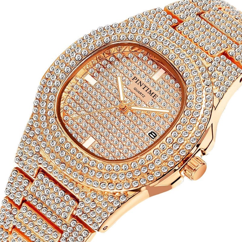 PINTIME Luxury Mens/Womens Unisex Diamond Watch Bling Iced-Out Watch Oblong Wristwatch Crystal Quartz Watch - Image 2