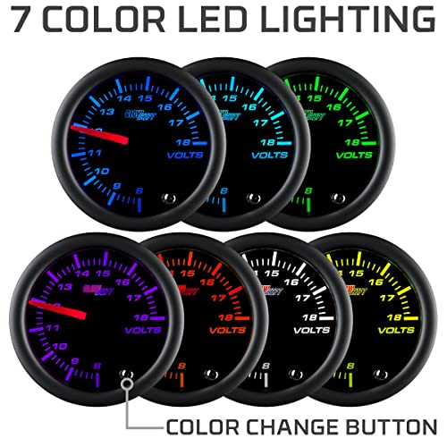GLOWSHIFT عداد فولتوميتر غلو شيفت الملون 7 ألوان - نطاق الفولتية 8-18 فولت - يشمل الأسلاك - عرض متعدد الألوان - قرص أسود - عدسة مدخنة - 2-1/16" 52 مم - Image 4