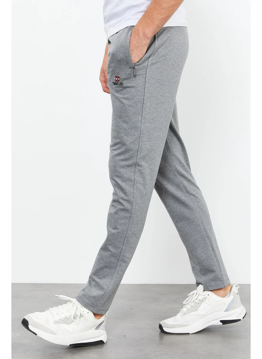 Tommy Life Gray Melange Men's Zipper Pocket Slim Fit Classic Leg Tracksuit Bottom-84669