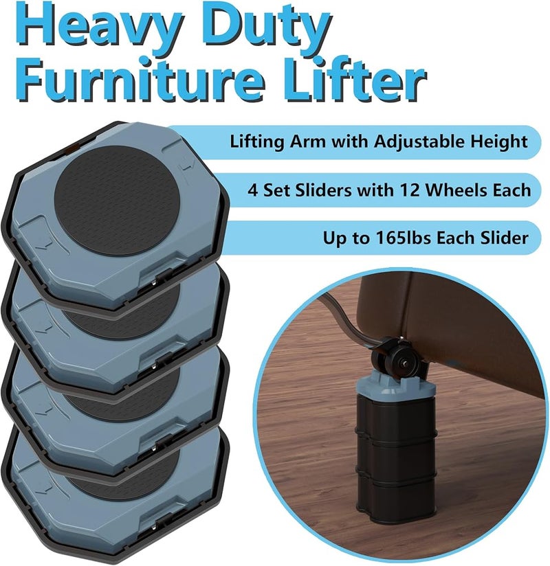ONEON Furniture Lift Mover Tool, Heavy Duty Furniture Lifter and Movers Set with Sliders - Easily Move Heavy Items on Hardwood Flooring and Carpet (Grey Blue) - Image 2