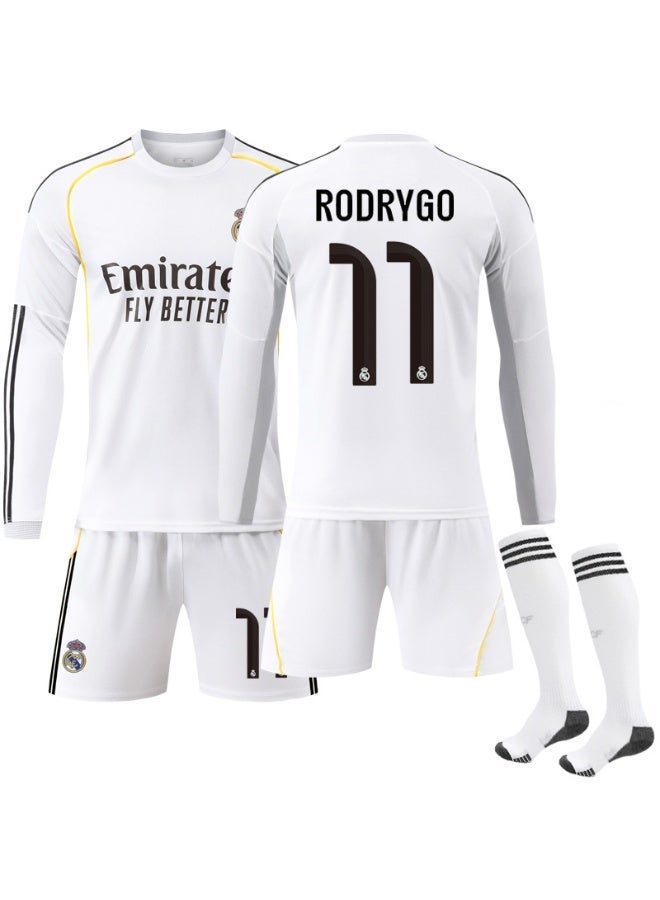 Real Madrid 2025-2026 Real Madrid home football uniform #11 RODRYGO long-sleeved football jersey shorts socks set children's size and adult size gifts for fans and friends - Image 1