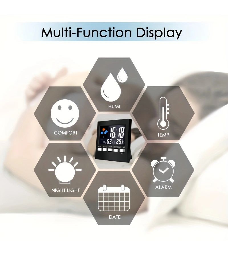محطة طقس متعددة الوظائف بشاشة LCD لمراقبة درجة الحرارة والرطوبة الداخلية مع ساعة منبه وتقويم (قطعة واحدة) - Image 3