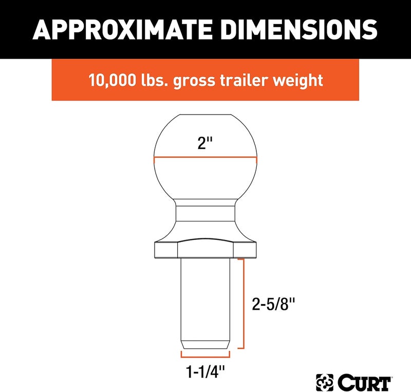 Curt 40056 Stainless Steel Trailer Hitch Ball, 10,000 lbs, 2-Inch Diameter, 1-1/4 x 2-5/8-Inch Shank, Metallic - Image 1