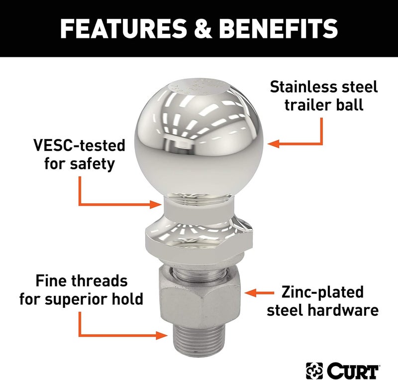 Curt 40056 Stainless Steel Trailer Hitch Ball, 10,000 lbs, 2-Inch Diameter, 1-1/4 x 2-5/8-Inch Shank, Metallic - Image 2