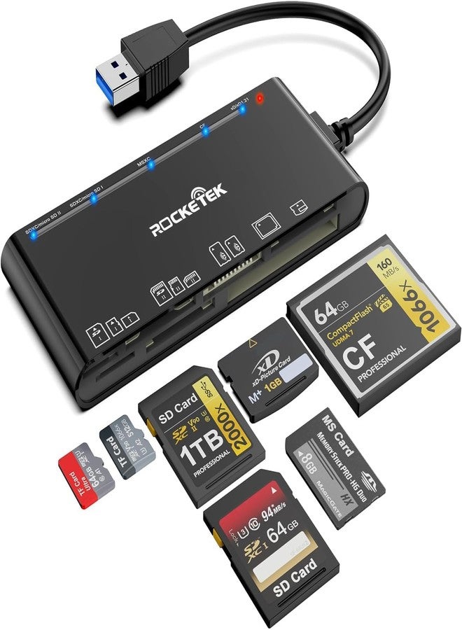 Rocketek USB 3.0 Multi Card Reader for SD/Micro SD/TF/XD/CF/MS - 7-in-1 Memory Card Reader/Adapter for Windows, Mac, Linux - Image 1