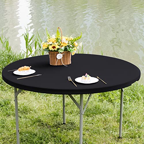 Nacuci Round Fitted Table Cover Elastic Tablecloth 5ft Stretch Spandex Table Top Cover for Dining Indoor Outdoor Party Black 60 Inch