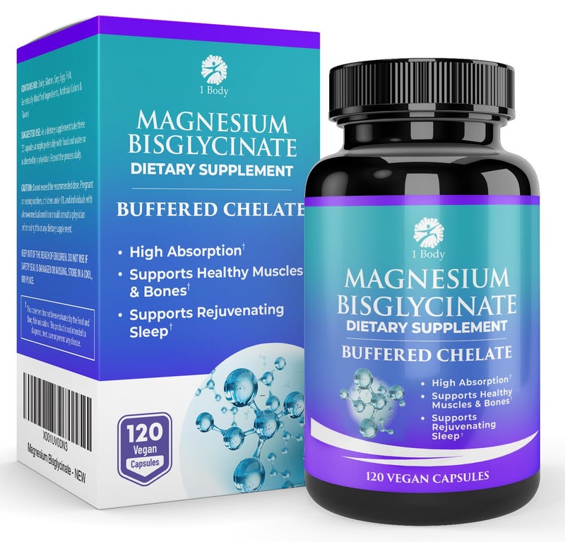 1 Body Magnesium Bisglycinate Supplement, 44 mg Pure Chelated Formula, 120 Capsules, Maximum Absorption, Muscle Cramp Relief - Image 1