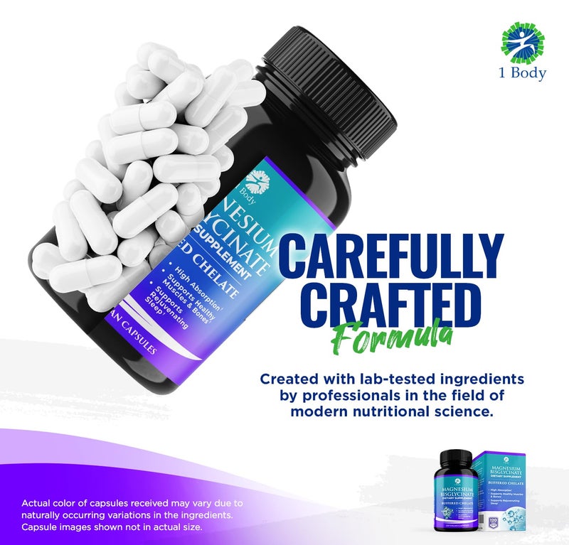 1 Body Magnesium Bisglycinate Supplement, 44 mg Pure Chelated Formula, 120 Capsules, Maximum Absorption, Muscle Cramp Relief - Image 5
