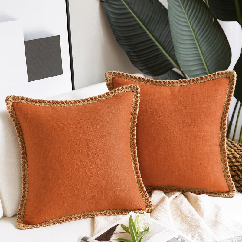 Phantoscope Pack of 2 Farmhouse Decorative Solid Throw Decorative Pillow Cover Burlap Linen Trimmed Tailored Edges Orange 20 x 20 inches 50 x 50 cm - Image 1