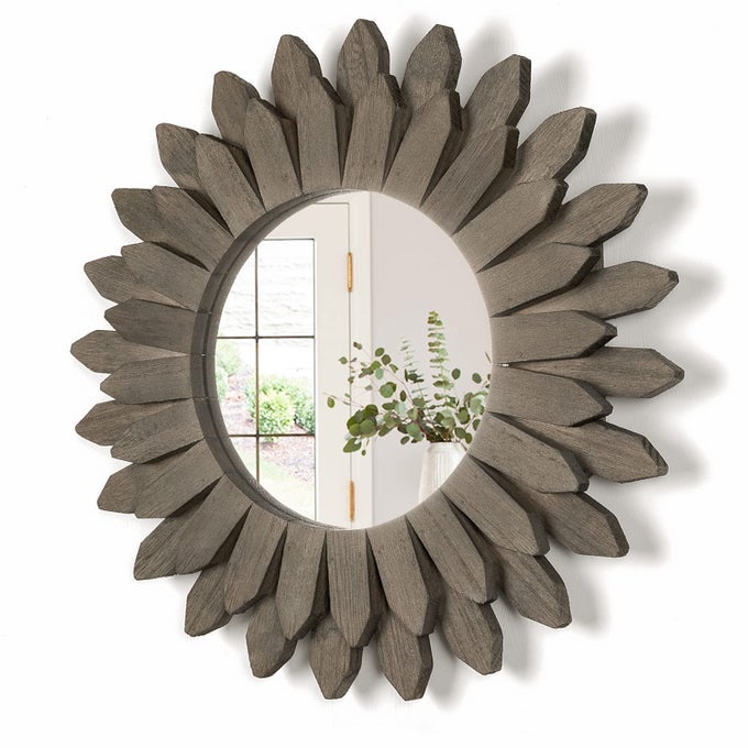 FARMHOUSE WALL DECOR MIRROR 12 INCH SUNBURST BOHO WOOD MIRROR RUSTIC HOME DECOR ROOM DECORATION FOR BEDROOM LIVING ROOM WEATHERED GREY