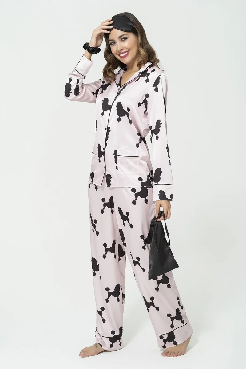 فور يو سليبوير 6-Piece Dog Pattern Pink Satin Pajama Set S27221