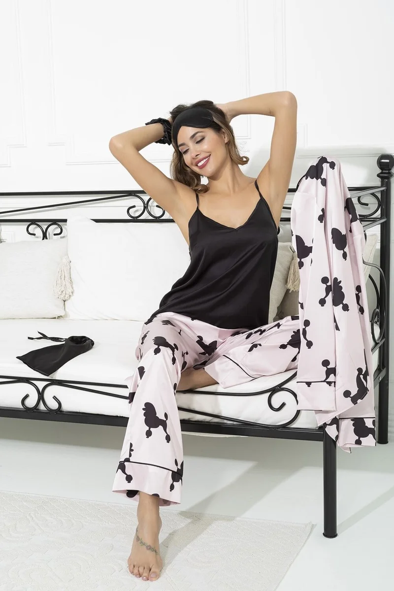 فور يو سليبوير 6-Piece Dog Pattern Pink Satin Pajama Set S27221