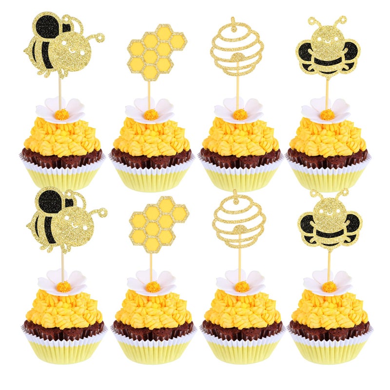 Ephlyn 24Pcs Bumble Bee Cupcake Toppers Glitter Heart Honeycomb Bee Cupcake Picks BaBy Shower Cake Decorations for Bee Theme Baby Shower Kids Birthday Party Supplies - Image 1
