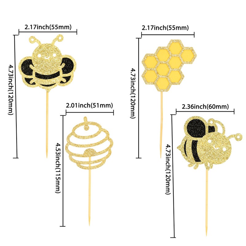 Ephlyn 24Pcs Bumble Bee Cupcake Toppers Glitter Heart Honeycomb Bee Cupcake Picks BaBy Shower Cake Decorations for Bee Theme Baby Shower Kids Birthday Party Supplies - Image 2