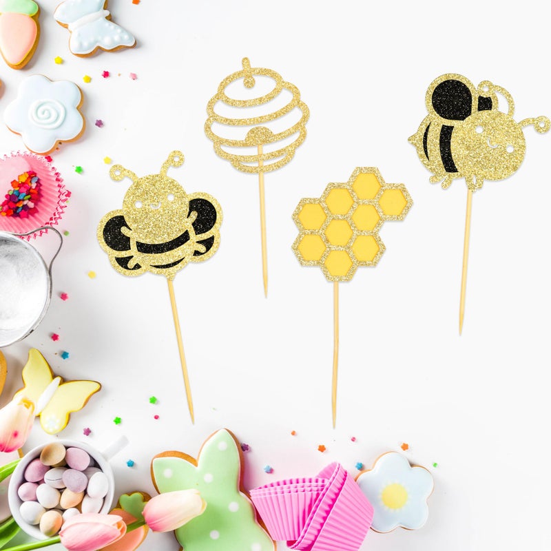Ephlyn 24Pcs Bumble Bee Cupcake Toppers Glitter Heart Honeycomb Bee Cupcake Picks BaBy Shower Cake Decorations for Bee Theme Baby Shower Kids Birthday Party Supplies - Image 4