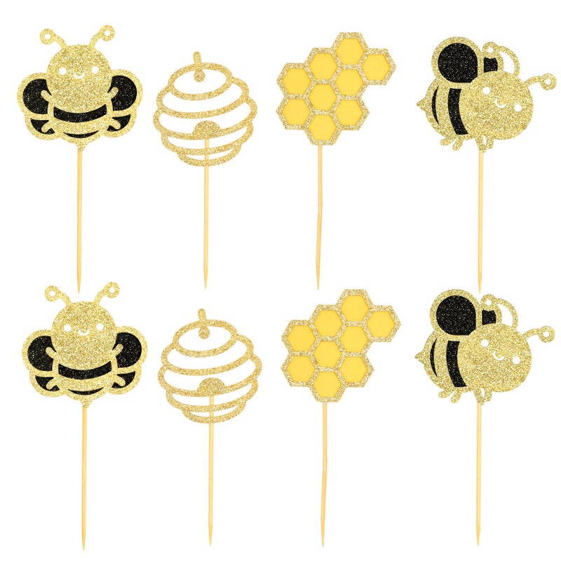 Ephlyn 24Pcs Bumble Bee Cupcake Toppers Glitter Heart Honeycomb Bee Cupcake Picks BaBy Shower Cake Decorations for Bee Theme Baby Shower Kids Birthday Party Supplies - Image 3