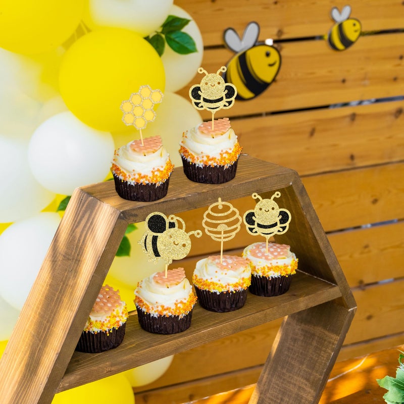 Ephlyn 24Pcs Bumble Bee Cupcake Toppers Glitter Heart Honeycomb Bee Cupcake Picks BaBy Shower Cake Decorations for Bee Theme Baby Shower Kids Birthday Party Supplies - Image 5