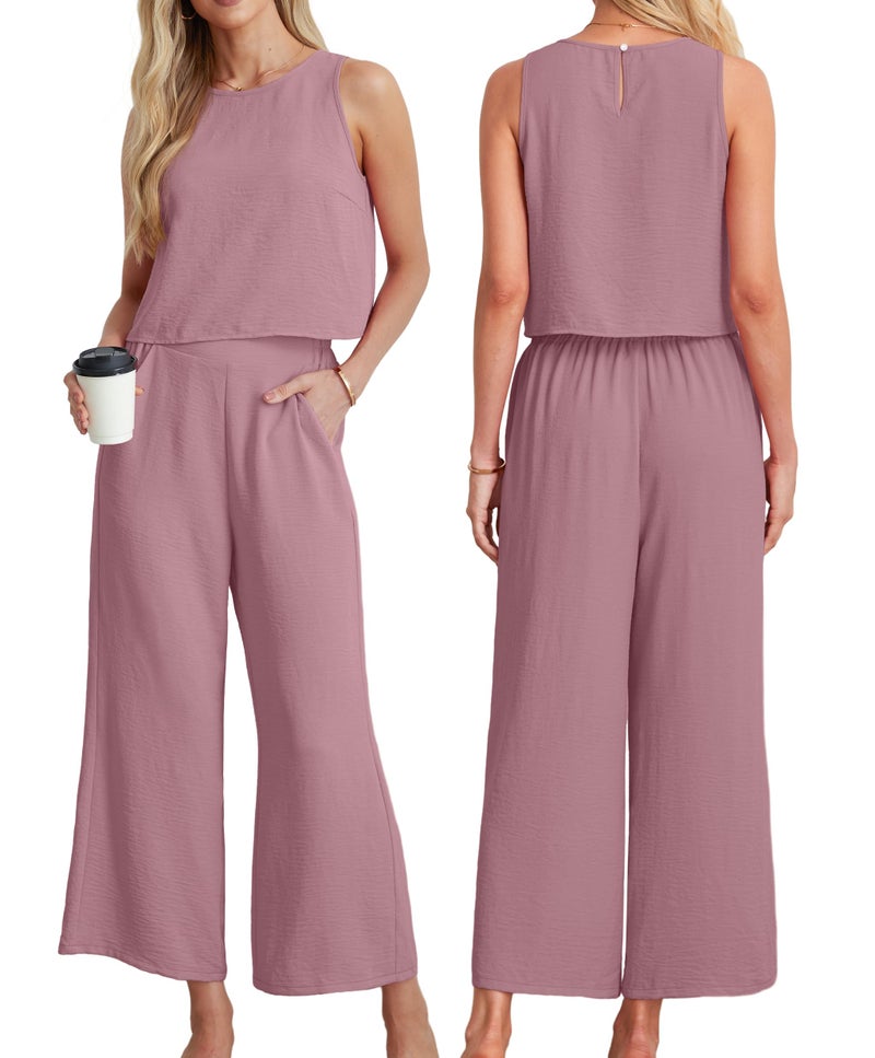 IWOLLENCE Women's Summer 2 Piece Outfits Set Round neck Sleeveless Tank Crop Top Wide Leg pants Set Pockets Jumpsuits Pink Medium - Image 3