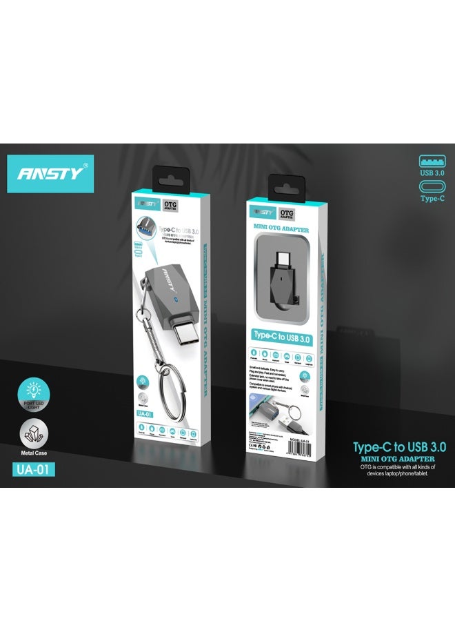 UA-01 Mini OTG Adapter - Type-C to USB 3.0, Durable Metal Case with Port LED Light and Keychain
