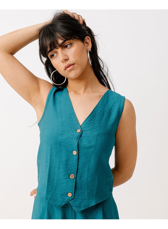 In Your Shoe Teal Linen Vest  - Image 2