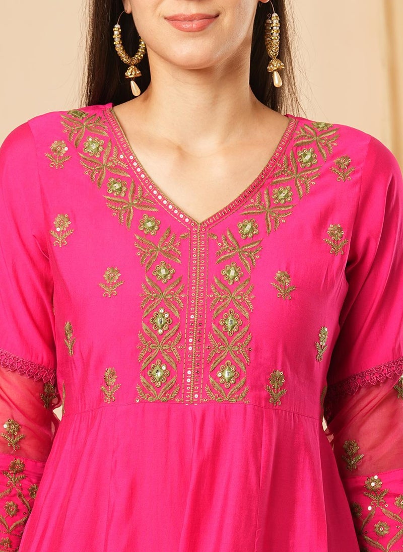 Globus Women's Pink Anarkali Kurta Set with Sequinned Yoke and Embroidered Detail - Image 5