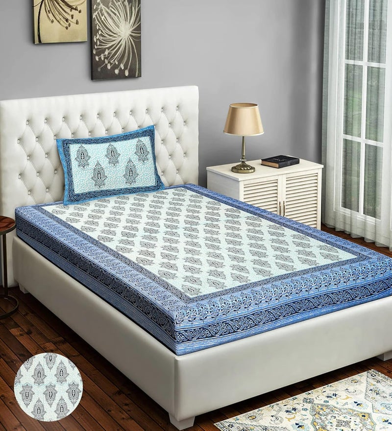 E ELMA E Elma Premium 100 Cotton Rajasthani Jaipuri Traditional Single Bedsheet with 1 Pillow Covers Blue  - Image 1